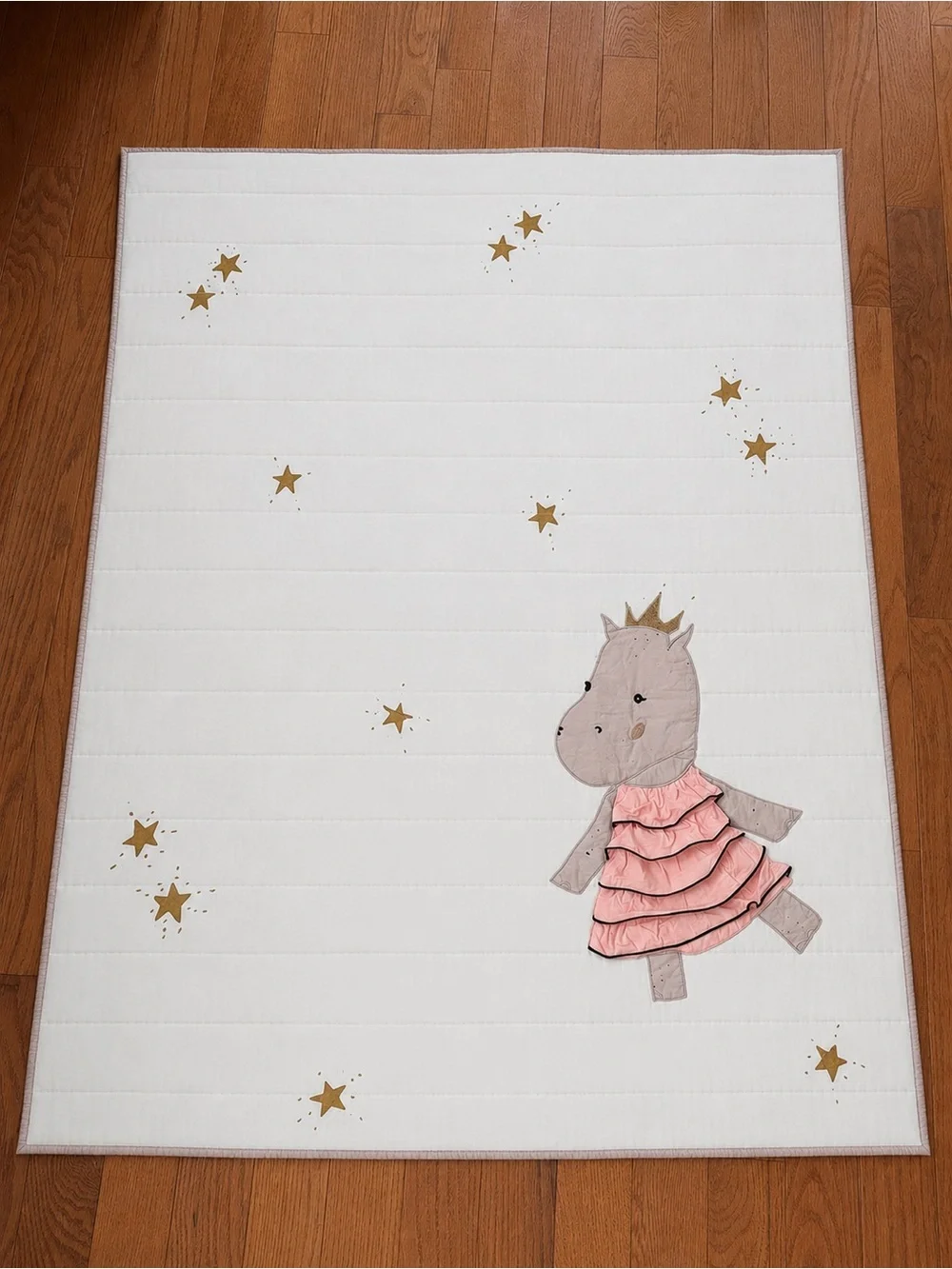 Land of Nod Royal Hippo Baby Quilt Blanket Princess Crown Pink Gold Stars 49x39